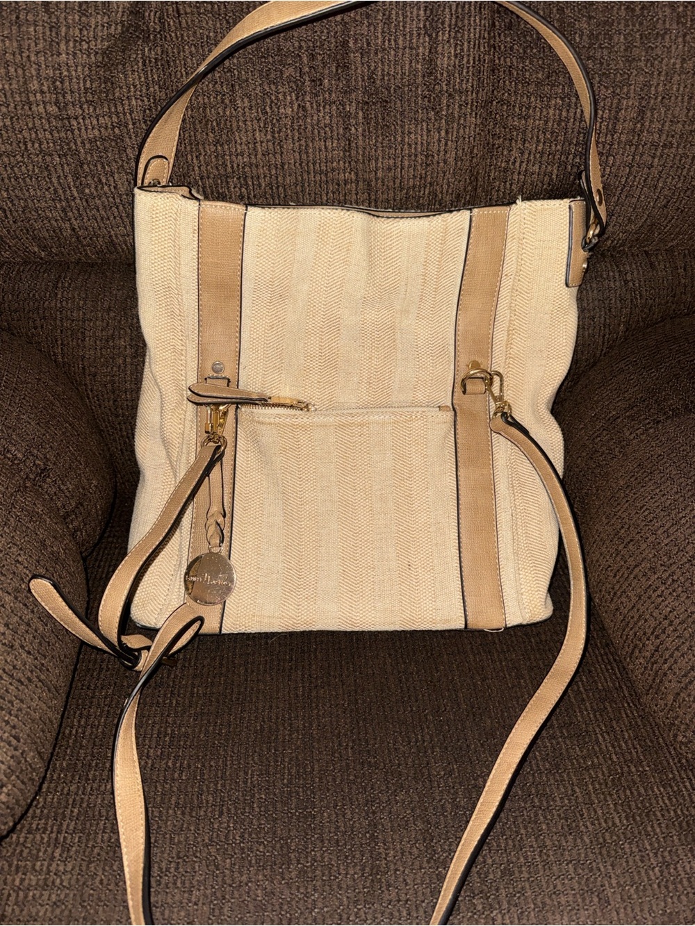 Simply Noelle Beige Canvas Shoulder Bag with Tan Trim